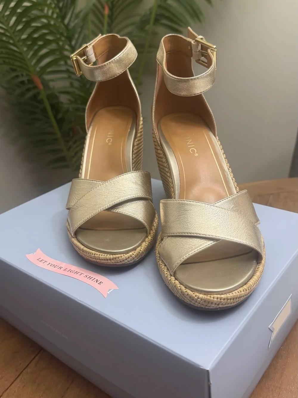 Vionic Gold Metallic Wedge Sandals with Ankle Strap